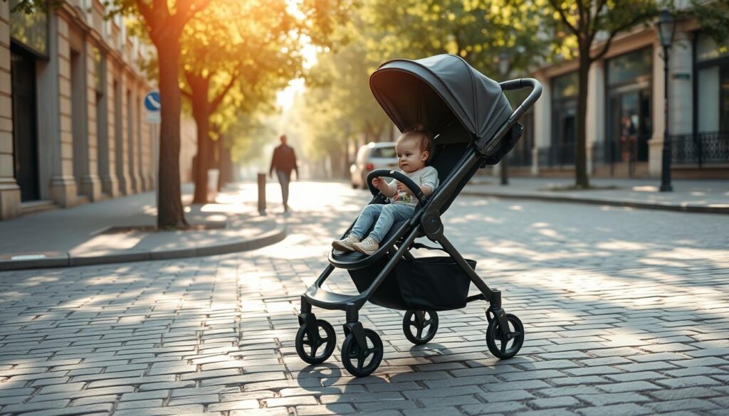 A charming scene of a multi-functional Anex e-type stroller navigating a city street, captured with the crisp clarity of an iPhone 16 Pro Max. The stroller's sleek, modern design stands out against the muted tones of the urban backdrop, its sturdy wheels effortlessly rolling over the cobblestones. Dappled sunlight filters through the trees, casting a warm glow on the stroller and its young passenger, who peers curiously out at the world. The overall composition evokes a sense of ease and functionality, perfectly suited for the daily strolls described in the article's section on the Anex e-type's standout features.