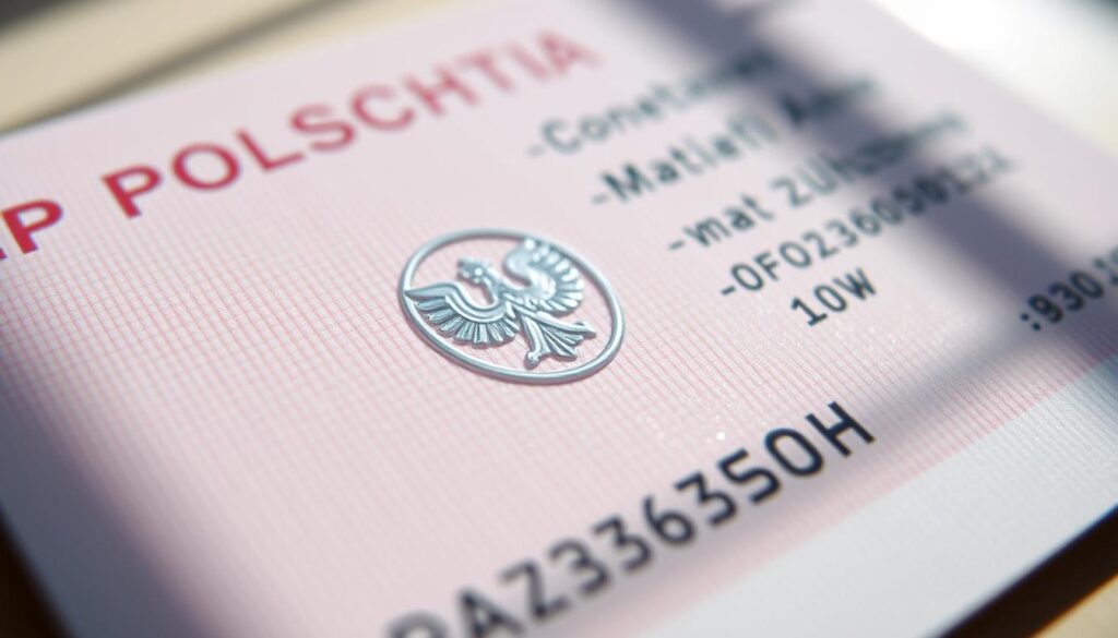 A close-up, high-resolution photograph of a government-issued identification document, specifically a Polish ID card (ważny dowód osobisty). The card is centered in the frame, capturing intricate details such as the embossed seal, security features, and holographic elements. The lighting is natural and directional, casting subtle shadows that accentuate the textured surface. The image is captured with a modern smartphone camera, the iPhone 16 Pro Max, showcasing its exceptional clarity and depth of field. The overall mood is one of official documentation, conveying the importance and legality of the identification card.