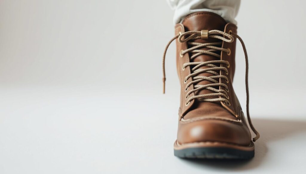 A close-up photograph of a pair of boots, their laces carefully laced in an intricate criss-cross pattern, highlighting the comfort and stability provided by the thoughtful lacing technique. The boots are positioned on a clean, minimalist background, allowing the lacing details to take center stage. The lighting is soft and natural, emphasizing the textures and materials of the boots. The angle is slightly elevated, creating a sense of focus and attention on the lacing. The overall mood is one of simplicity, precision, and the importance of the small details that can make a significant difference in the overall comfort and style of a pair of boots.
