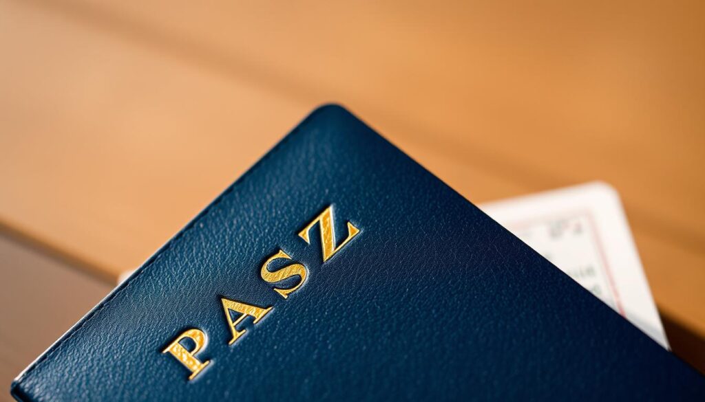 A close-up shot of a dark blue leather passport cover with the embossed word "PASZPORT" in gold lettering, against a subtly blurred background of muted tones. The passport is slightly open, revealing the inside pages with official stamps and markings. The lighting is warm and natural, casting gentle shadows that accentuate the texture of the leather. The overall composition is centered and balanced, conveying a sense of importance and formality associated with a valid passport.