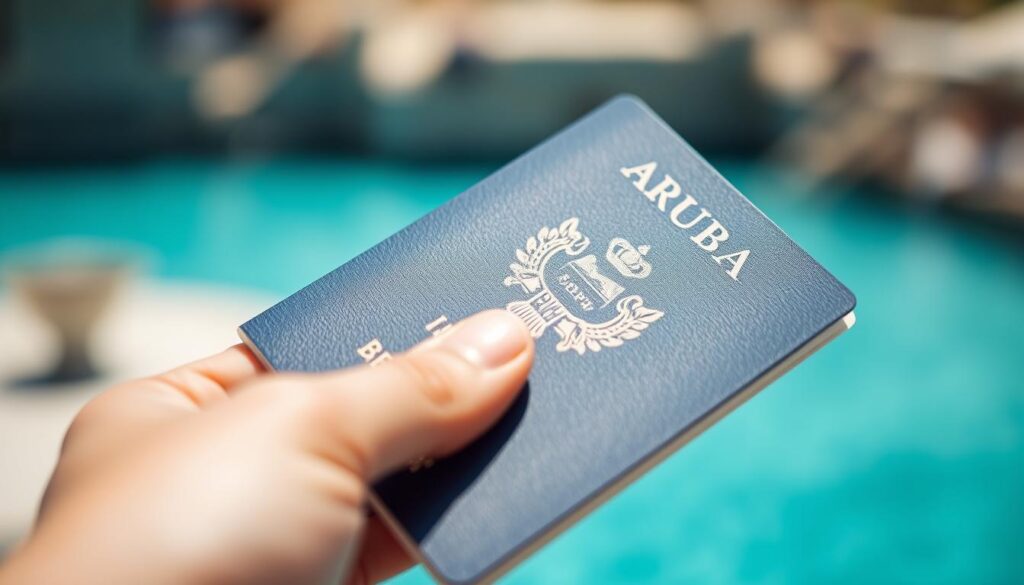 A closeup shot of a dark blue passport with the word "ARUBA" prominently displayed on the cover, captured in natural daylight with a shallow depth of field. The passport is held by a person's hand, creating a sense of intimacy and personal connection. The background is blurred, hinting at a travel or tourism context. The image has a crisp, high-resolution quality and accurate color representation, conveying the importance and necessity of this document for visiting Aruba. A closeup shot of a dark blue passport with the word "ARUBA" prominently displayed on the cover, captured in natural daylight with a shallow depth of field. The passport is held by a person's hand, creating a sense of intimacy and personal connection. The background is blurred, hinting at a travel or tourism context. The image has a crisp, high-resolution quality and accurate color representation, conveying the importance and necessity of this document for visiting Aruba.