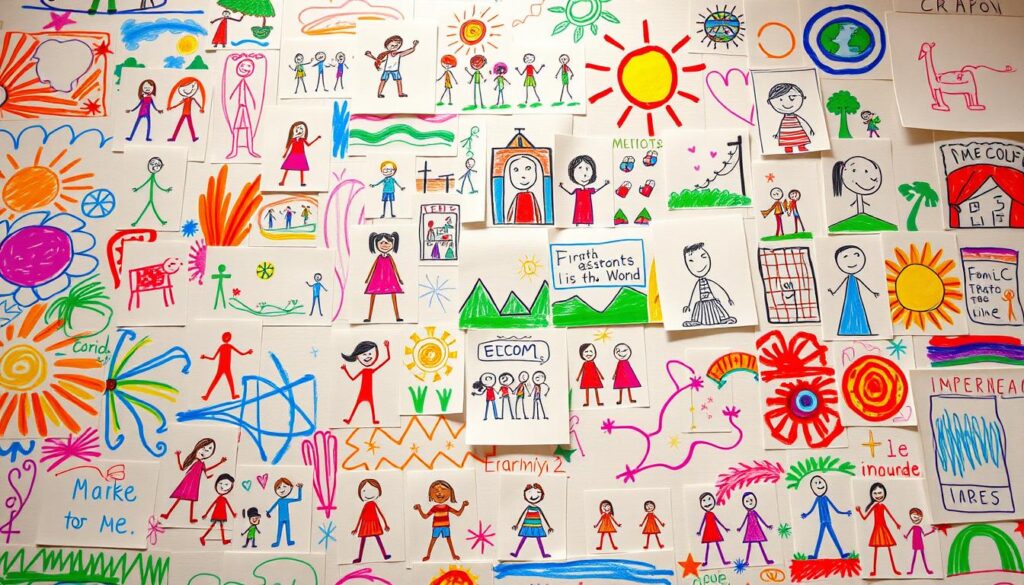 A colorful collection of child-like drawings covering the frame, showcasing vibrant crayon scribbles, stick figure characters, and whimsical representations of the world. The foreground displays an array of simple yet expressive artworks, capturing the imagination and emotion of a young mind. The middle ground features a more diverse set of drawings, ranging from family portraits to fanciful landscapes. The background blends into a soft, muted gradient, allowing the artwork to take center stage. Lit by the warm glow of natural light, as if photographed by an iPhone 16 Pro Max, the image conveys a sense of playfulness, creativity, and the profound insights that can be gleaned from the drawings of children.