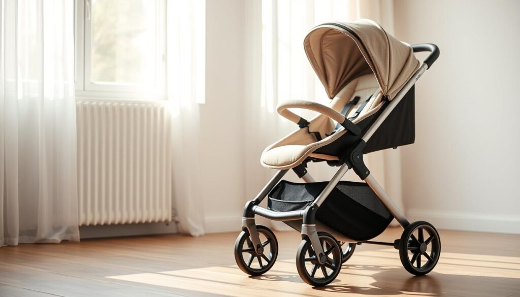 A cozy, modern baby stroller stands in a well-lit room, its sleek design and plush fabrics exuding comfort and style. Soft, natural lighting filters in, illuminating the stroller's curved lines and premium materials. The stroller's adjustable handle and large wheels suggest exceptional maneuverability, while its roomy interior and padded seat promise a secure and comfortable ride for a newborn or toddler. Thoughtful details like a retractable canopy and storage compartments enhance the stroller's functionality, making it a practical choice for active, modern families. The scene conveys a sense of quality, safety, and attention to the needs of both parent and child.