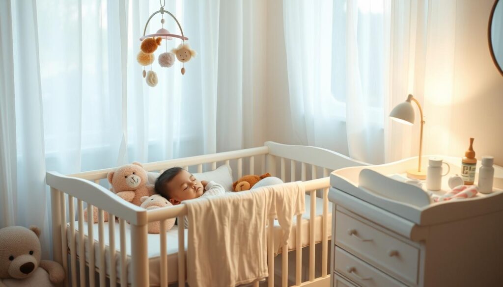 A cozy nursery scene, soft and inviting, with a young child peacefully sleeping in a crib. Gentle natural light filters through sheer curtains, casting a warm glow. The crib is surrounded by plush stuffed animals and a mobile of whimsical shapes. On the nearby changing table, baby care essentials are neatly arranged, conveying a sense of attentive, responsible parenting. The overall atmosphere is one of tranquility and safety, reflecting the care and vigilance required to protect a young, vulnerable life.