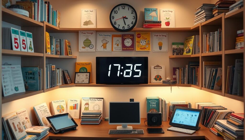 A cozy, well-organized workspace with an array of learning tools and resources. At the center, a sleek, modern digital clock display showcases the current time. Surrounding it, shelves brimming with educational books, colorful learning materials, and interactive digital tablets. Soft, warm lighting illuminates the scene, creating a inviting, focused atmosphere. The camera captures the arrangement from a slightly elevated angle, emphasizing the harmonious, comprehensive nature of this "time resource center" - a one-stop-shop for mastering the concept of time.