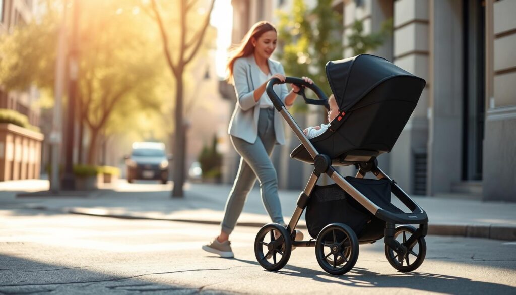 A modern, lightweight stroller with a sleek, minimalist design. A young mother gently pushes the stroller down a sun-dappled street, her baby peacefully resting inside. The stroller's sturdy yet nimble frame navigates the urban landscape with ease, its large wheels gliding smoothly over cracks and uneven surfaces. Subtle accents of color add a touch of style, while the adjustable handlebar and reclinable seat ensure maximum comfort for both parent and child. This versatile stroller is the perfect companion for city adventures, providing a safe and comfortable ride for your little one. A modern, lightweight stroller with a sleek, minimalist design. A young mother gently pushes the stroller down a sun-dappled street, her baby peacefully resting inside. The stroller's sturdy yet nimble frame navigates the urban landscape with ease, its large wheels gliding smoothly over cracks and uneven surfaces. Subtle accents of color add a touch of style, while the adjustable handlebar and reclinable seat ensure maximum comfort for both parent and child. This versatile stroller is the perfect companion for city adventures, providing a safe and comfortable ride for your little one.
