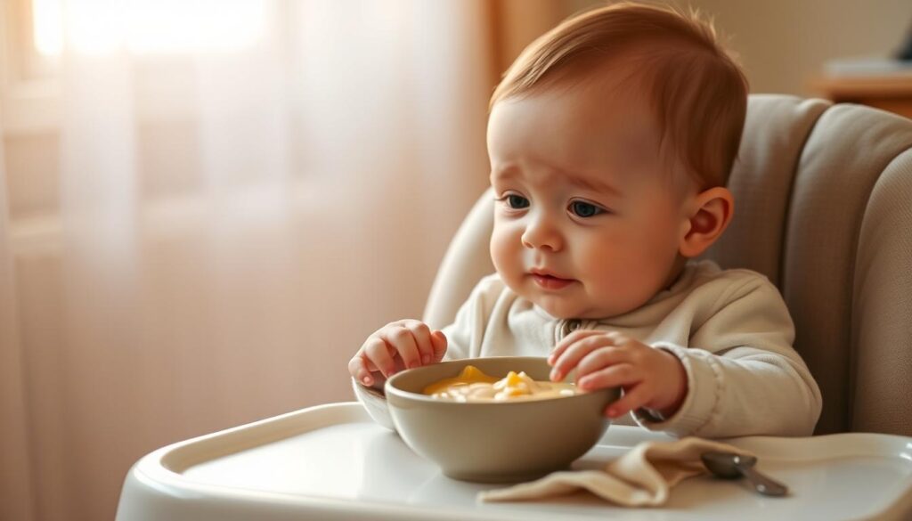 A peaceful mealtime scene featuring a 8-month-old baby sitting in a high chair, a small bowl of healthy, soft-textured food in front of them. Warm, natural lighting illuminates the moment, casting a cozy glow. The baby's expression is curious and content as they explore the new flavors and textures. The table setting is simple yet inviting, with a soft cloth napkin and a small spoon nearby. The background is slightly blurred, emphasizing the intimate focus on the baby's first solid food experience. The overall atmosphere conveys the importance of this milestone in a baby's development and the care and nourishment provided during this stage.