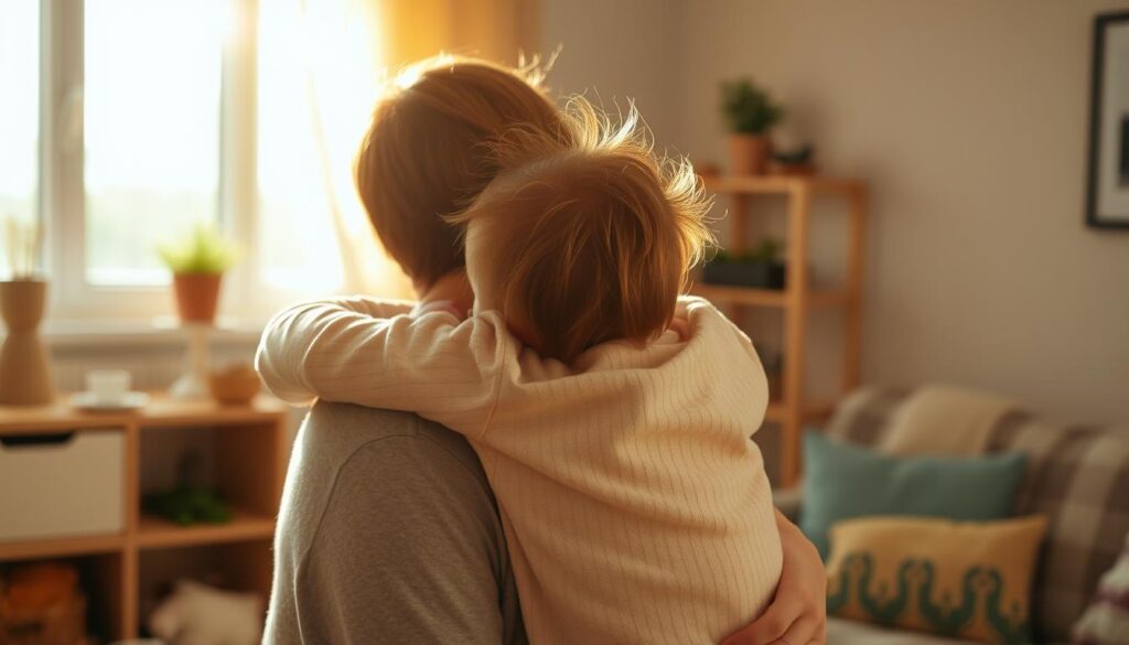 A serene, intimate moment captured in a real photography shot by iPhone 16 Pro Max. A parent tenderly embracing their child, the warm afternoon light casting a soft glow. The foreground showcases the connection, the middle ground features a cozy, homely setting, and the background subtly suggests a peaceful, family-oriented environment. The scene evokes a sense of comfort, security, and the cherished time of parental leave, conveying the essence of "urlop wychowawczy" - the precious bonding period between a parent and their child.