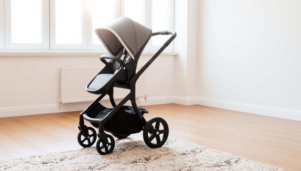 A sleek and modern Adamex Reggio 3w1 stroller stands in a bright, airy room. Soft, natural light filters through large windows, casting a warm glow on the stroller's premium, matte-black frame. The stroller's seat is upholstered in a sophisticated, pearl-gray fabric, accented with elegant, silver trim. The sturdy, all-terrain wheels glide effortlessly across the polished hardwood floor. In the foreground, a plush, textured rug adds depth and texture to the scene. The background features clean, minimalist walls, creating a sense of modern elegance. This "Reggio Special Edition" stroller is a testament to functional design and premium craftsmanship, perfect for discerning parents seeking a stylish and practical transportation solution for their little one.