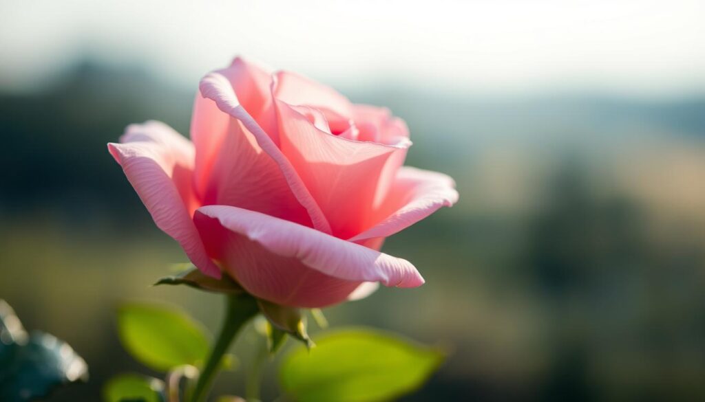 A stunning close-up photograph of a delicate, pink rose blossom, captured in soft, natural lighting. The petals gently unfurl, revealing the intricate textures and subtle gradients of color. The background is a blurred, dreamy landscape, allowing the flower to take center stage. The composition is balanced and the focus is sharp, creating a sense of intimacy and emotion. The overall mood is one of tender, romantic beauty, perfectly capturing the essence of "miłość" - the Polish word for love.