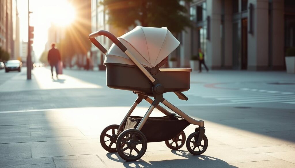 A stylish and functional stroller in an urban setting, the Anex Cross 3w1 glides effortlessly through the city streets. The sleek, modern frame in a muted palette is complemented by premium leather accents, exuding sophistication. The large, shock-absorbing wheels confidently navigate uneven terrain, while the adjustable handlebar and suspension system provide a comfortable ride for both parent and child. Vibrant sunlight filters through the spacious canopy, casting a warm glow on the stroller's streamlined silhouette. The scene conveys a sense of safety, convenience, and seamless integration into the fast-paced metropolitan lifestyle.