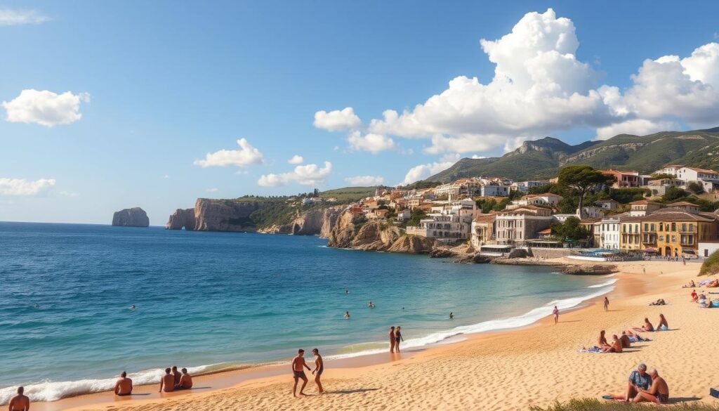 A sun-drenched coastal landscape along the Costa Brava, Spain. In the foreground, a group of people relaxing on the golden sandy beach, some swimming in the turquoise waters of the Mediterranean. In the middle ground, a picturesque seaside town with white-washed buildings and terracotta roofs, surrounded by lush, rolling hills. The background features dramatic cliffs and coves, with a clear blue sky dotted with fluffy white clouds. The scene is captured with a wide-angle lens, creating a sense of depth and immersion. The lighting is soft and natural, casting a warm, golden glow over the entire scene. The overall mood is one of tranquility, relaxation, and the pure enjoyment of the Mediterranean lifestyle. A sun-drenched coastal landscape along the Costa Brava, Spain. In the foreground, a group of people relaxing on the golden sandy beach, some swimming in the turquoise waters of the Mediterranean. In the middle ground, a picturesque seaside town with white-washed buildings and terracotta roofs, surrounded by lush, rolling hills. The background features dramatic cliffs and coves, with a clear blue sky dotted with fluffy white clouds. The scene is captured with a wide-angle lens, creating a sense of depth and immersion. The lighting is soft and natural, casting a warm, golden glow over the entire scene. The overall mood is one of tranquility, relaxation, and the pure enjoyment of the Mediterranean lifestyle.