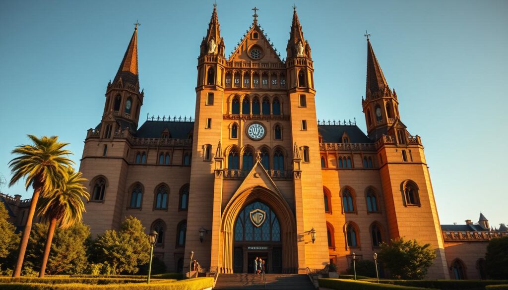 A towering, iconic structure stands in the heart of the Warner Bros. Studio lot, its grand, neo-Gothic facade bathed in warm, golden light. The camera's lens captures the intricate architectural details, from the ornate gargoyles perched atop the towers to the grand, arched entryway that beckons visitors inside. The scene evokes a sense of cinematic wonder and magic, perfectly reflecting the legacy of the Harry Potter franchise that was brought to life within these hallowed walls. The lush, verdant grounds surrounding the studio add depth and a sense of grandeur, creating a visually striking and immersive scene that captures the essence of this celebrated filmmaking hub.