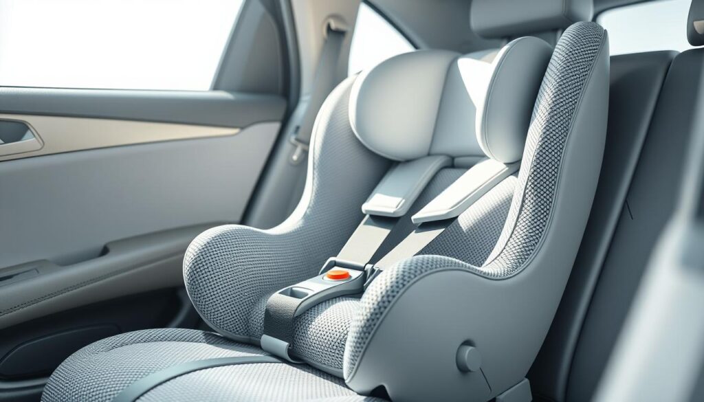 Realistic high-resolution photograph of a white child safety car seat with a pixel art design, shot with an iPhone 16 Pro Max. The seat features a sleek, modern design with a textured gray and white pattern. Soft, diffused lighting illuminates the seat, creating a sense of depth and dimension. The camera angle emphasizes the seat's safety features, showcasing its sturdy construction and attention to detail. The overall mood is one of safety, quality, and technological innovation.